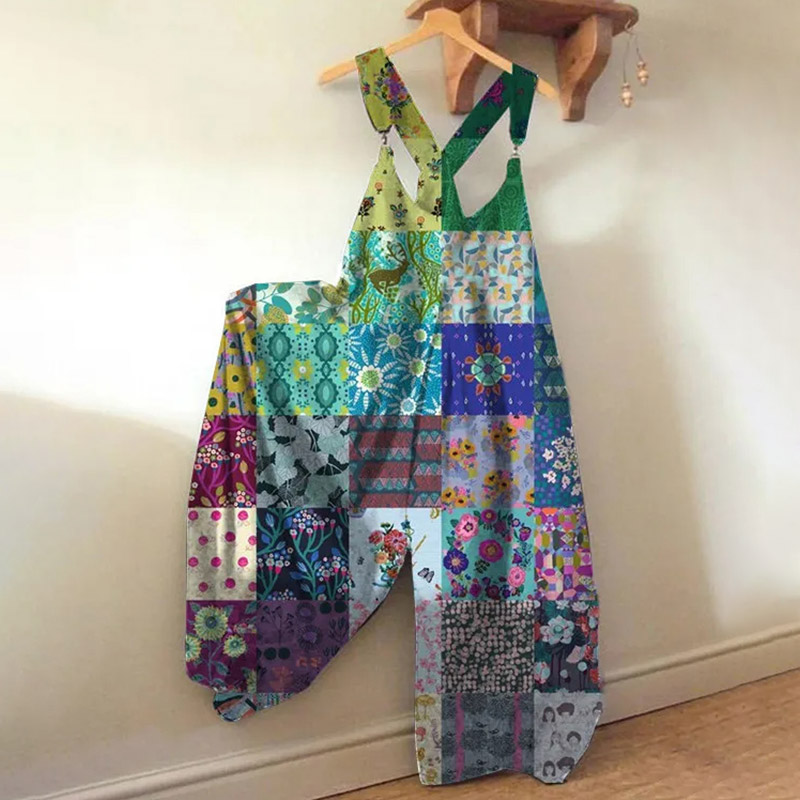 Women's Floral Check Print Loose Jumpsuit  - Green - 5XL - image 1