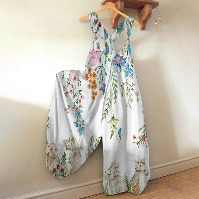 Women's Literary Holiday Floral Bunny Print Loose Jumpsuit  - White - 5XL - image 1
