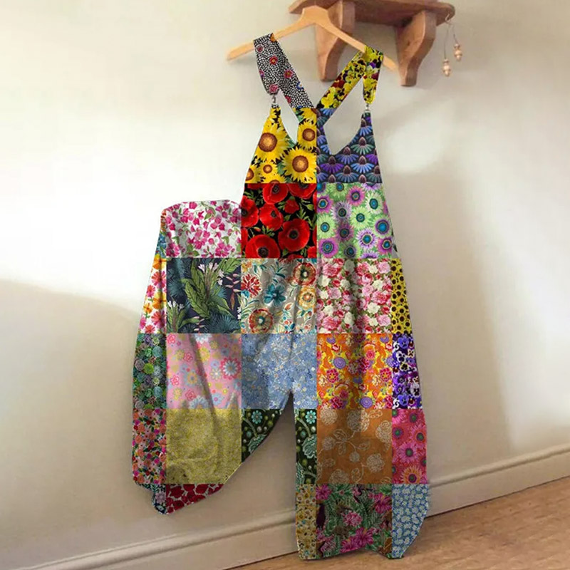 Boho Resort Floral Patchwork Print Loose Jumpsuit  - Multicolor - 5XL - image 1