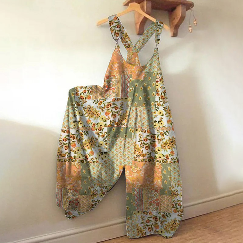 Casual Resort Bohemian Floral Plaid Print Loose Jumpsuit  - Green - 5XL - image 1