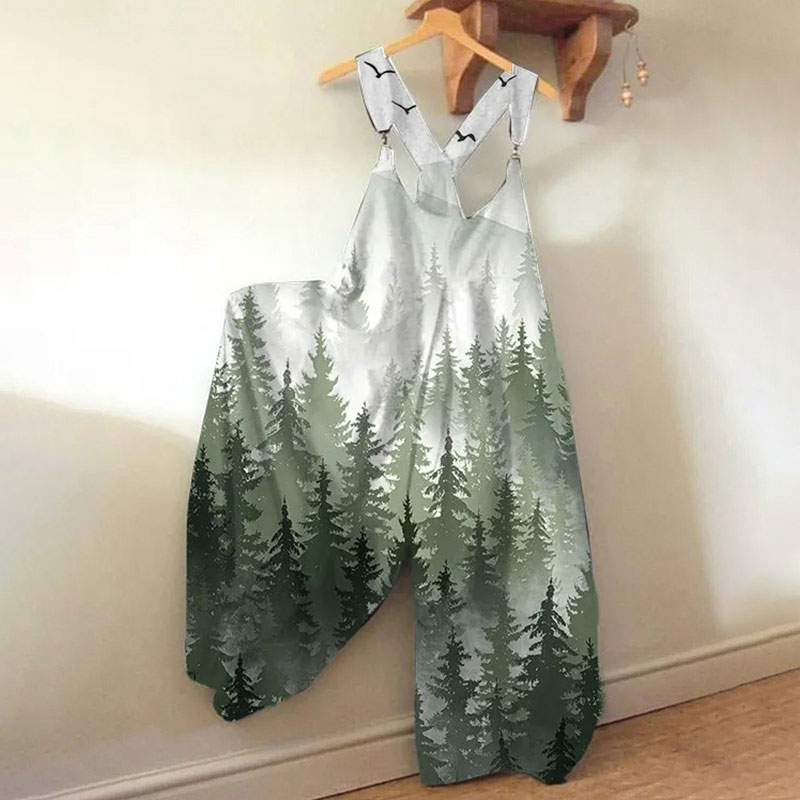 Women's Forest Print Loose Jumpsuit  - White - 5XL - image 1