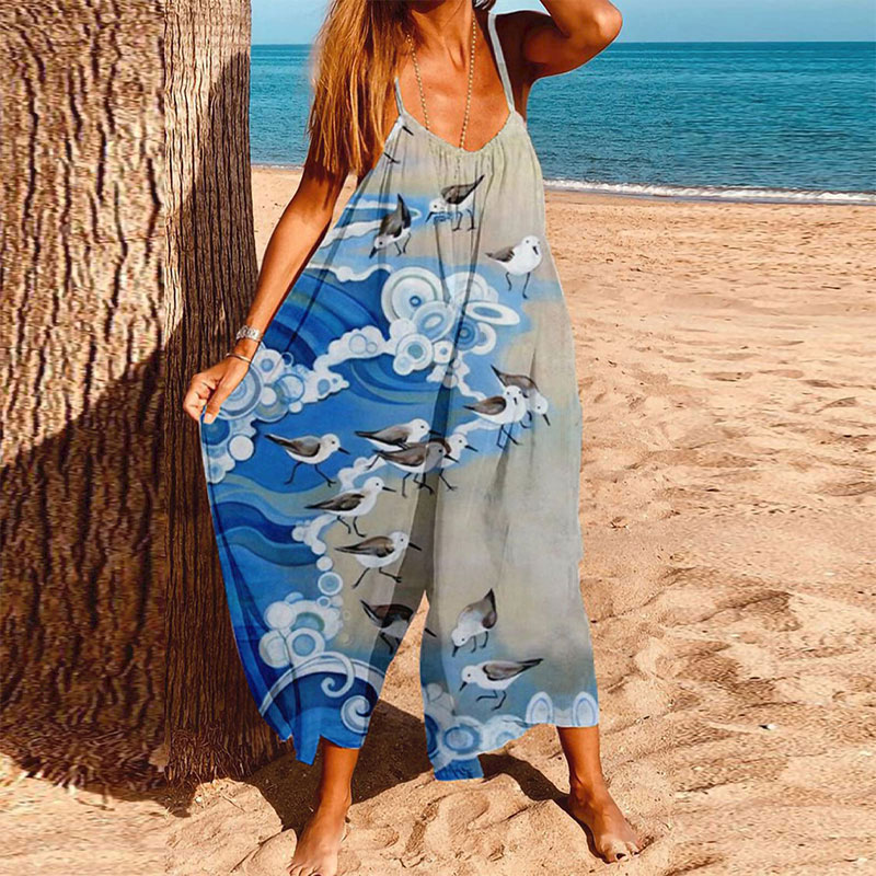 Japanese Wave Sparrow Art Print Loose Jumpsuit  - Blue - 6XL - image 1