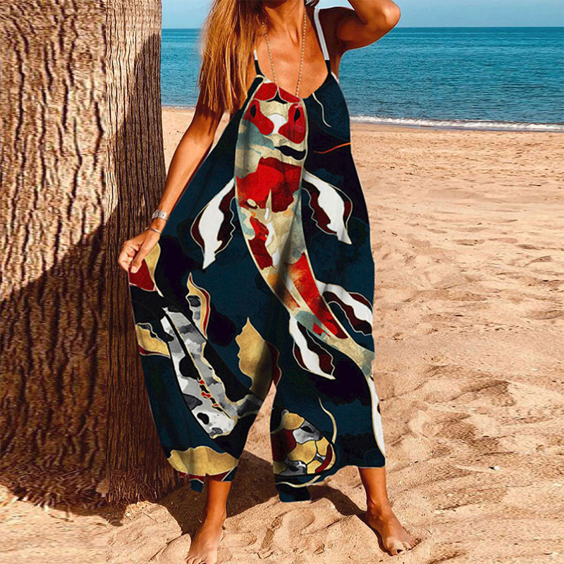 Abstract Koi Art Print Loose Jumpsuit  - Black - 6XL - image 1