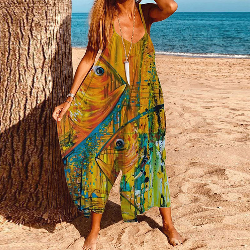 Abstract Fish Head Art Print Loose Jumpsuit  - Green - 6XL - image 1