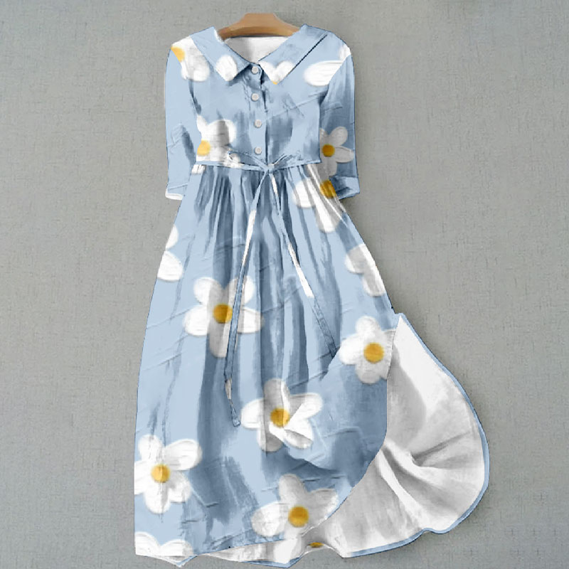 Vacation Blue Floral Print Waist Tie-up Lapel Dress - Blue - 6XL - image 1