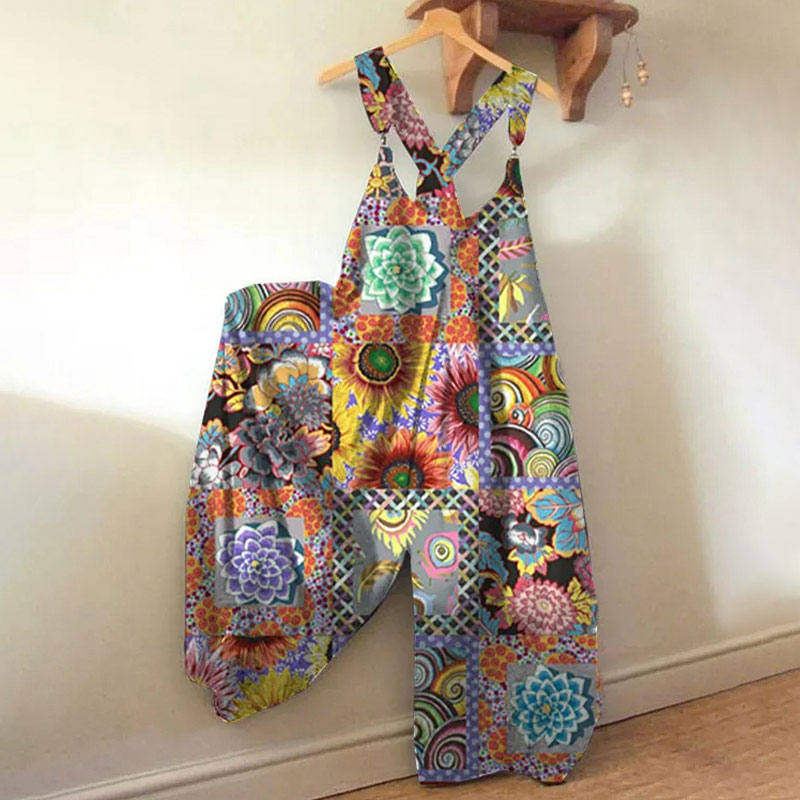 Boho Multicolor Floral Patchwork Print Loose Jumpsuit  - Multicolor - 5XL - image 1