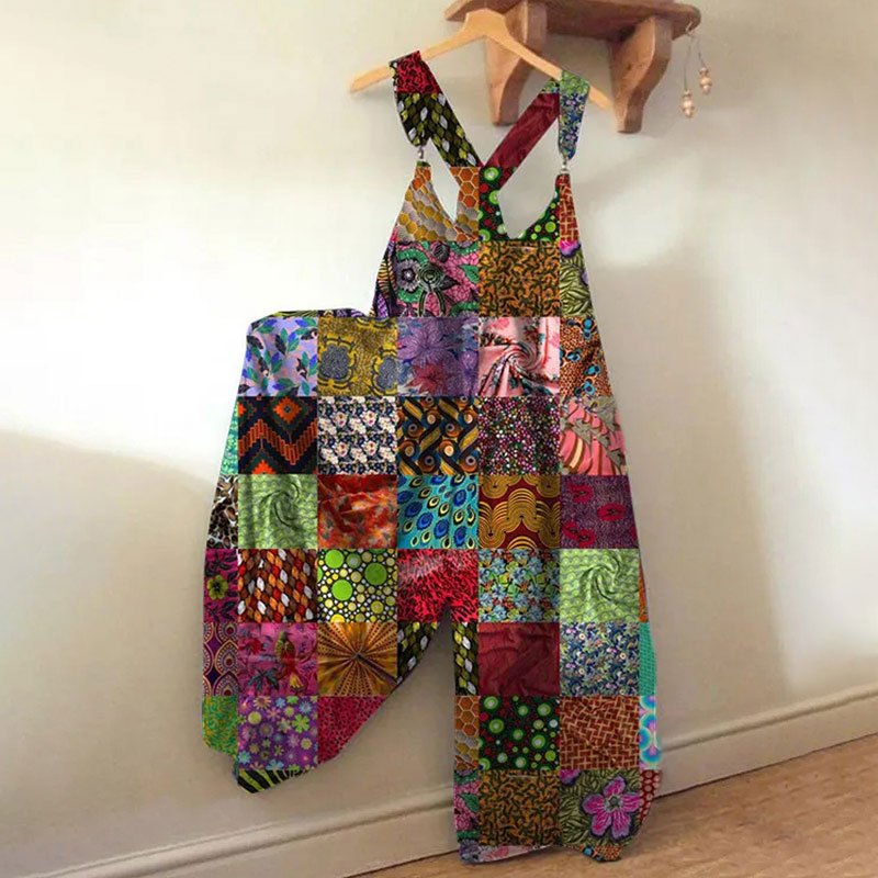 Vintage Hippie Floral Check Print Loose Jumpsuit  - Red - 5XL - image 1