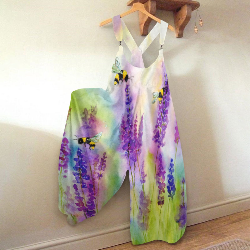 Women's Watercolor Lavender Bee Print Loose Jumpsuit  - Purple - 5XL - image 1