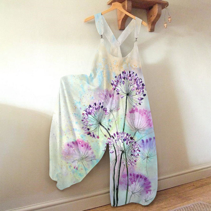 Fantasy Watercolor Dandelion Watercolor Art Print Loose Jumpsuit  - Purple - 5XL - image 1