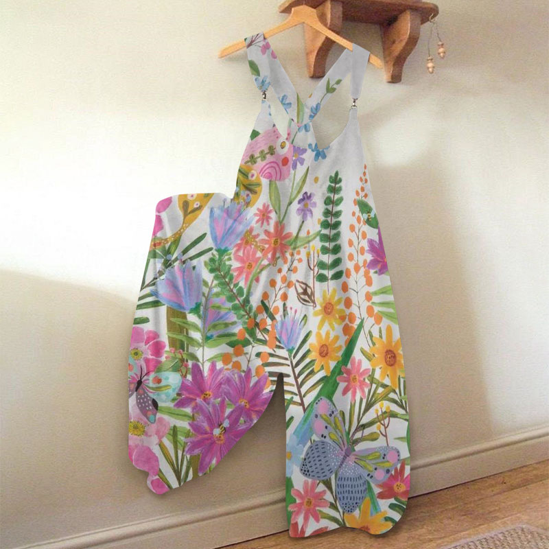Summer Vacation Butterfly Floral Print Loose Jumpsuit  - Grey - 5XL - image 1