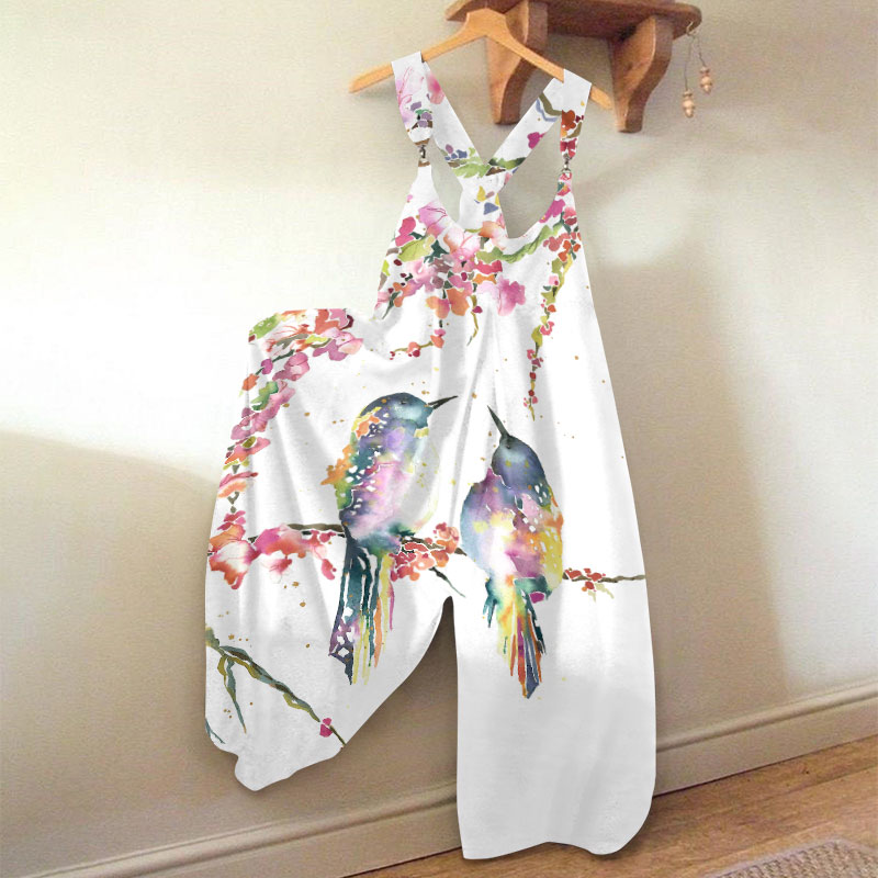 Vacation Literary Love Birds Watercolor Print Loose Jumpsuit  - White - 5XL - image 1