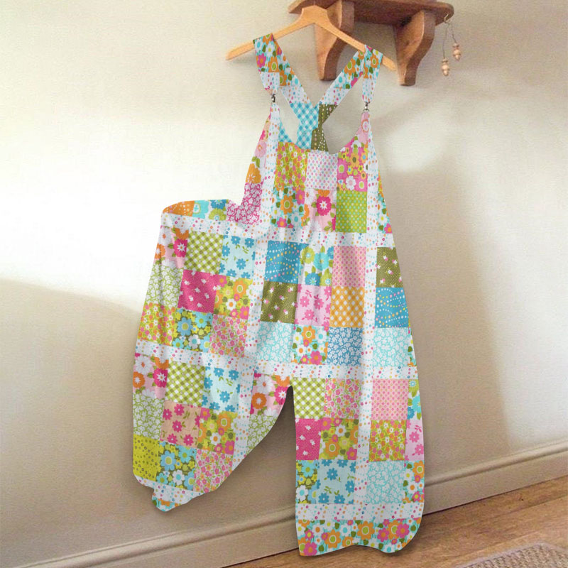 Bohemian Vacation Artistic Floral Patchwork Print Loose Jumpsuit  - Blue - 5XL - image 1