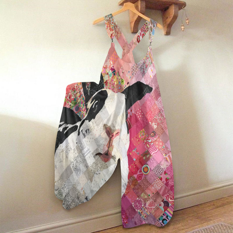 Boho Retro Design Floral Patchwork Bunny Print Loose Jumpsuit  - Pink - 5XL - image 1