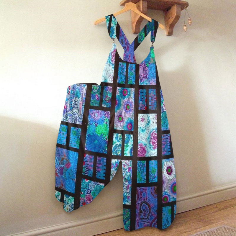 Retro Design Floral Splicing Print Loose Jumpsuit  - Blue - 5XL - image 1