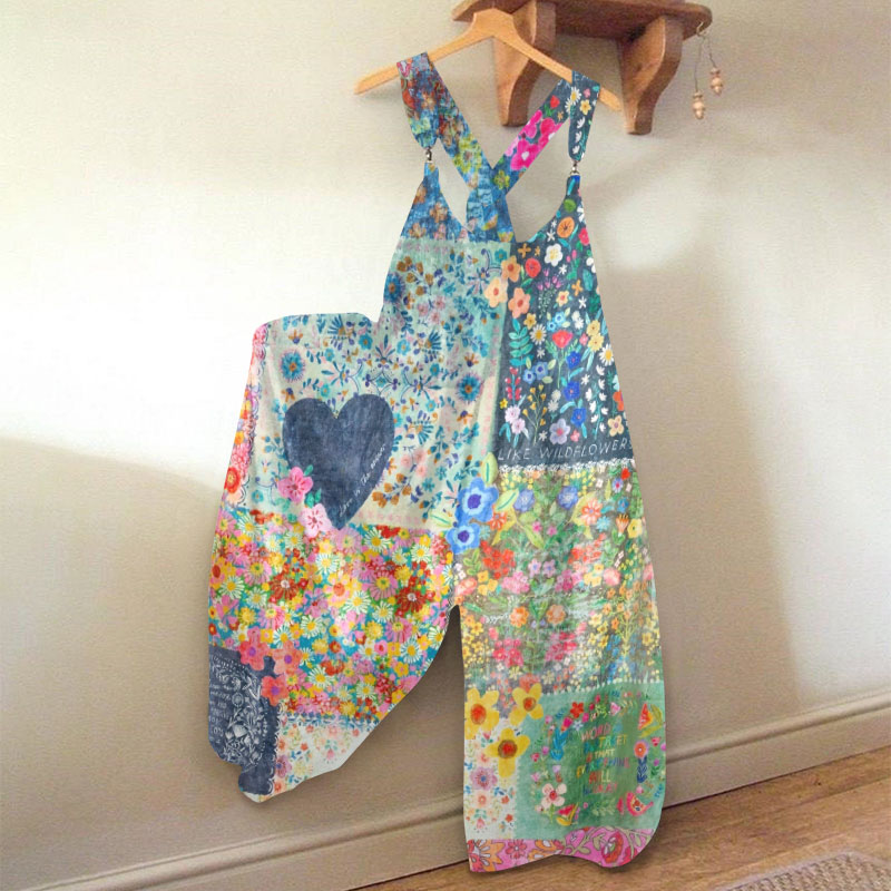 Hippie Bohemian Floral Stitching Art Print Loose Jumpsuit  - Blue - 5XL - image 1