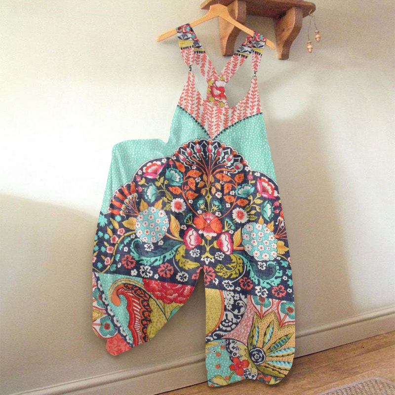 Vacation Bohemian Floral Stitching Art Print Loose Jumpsuit  - Light Green - 5XL - image 1