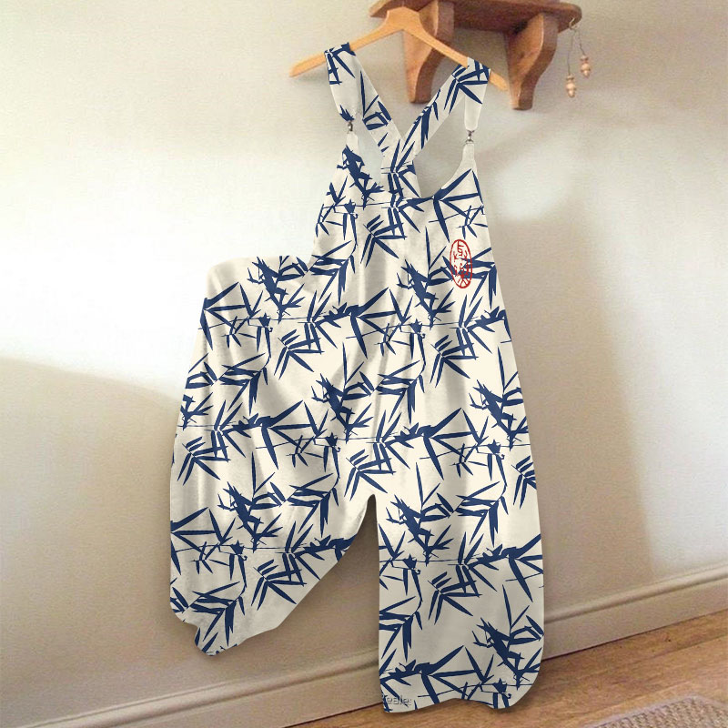 Japanese Bamboo Leaf Print Jumpsuit - Blue - 5XL - image 1