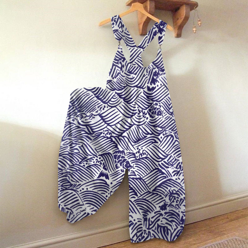 Casual Japanese Wave Print Jumpsuit - Blue - 5XL - image 1