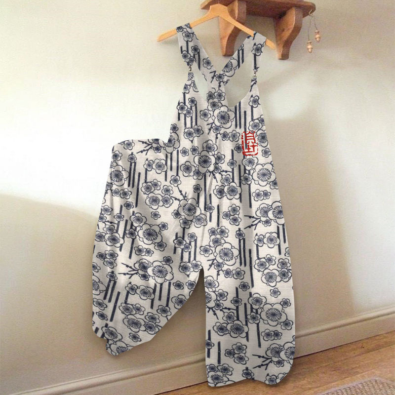 Vintage Japanese Plum Print Jumpsuit - Blue - 5XL - image 1