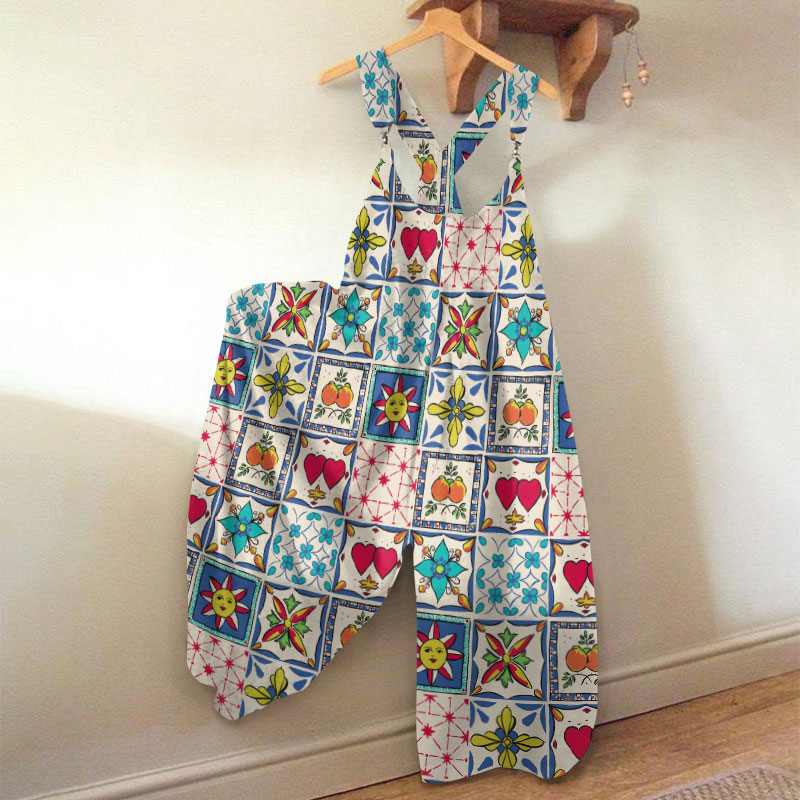 Vintage Holiday Totem Print Jumpsuit - Lake Blue - 5XL - image 1