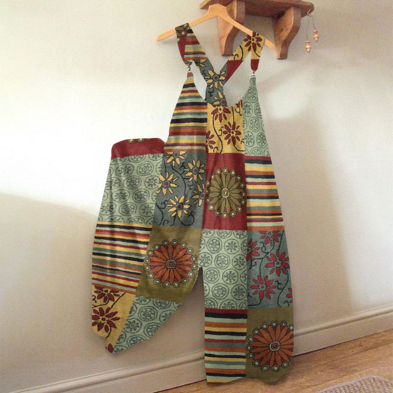 Vintage Totem Floral Print Jumpsuit - Green - 5XL - image 1