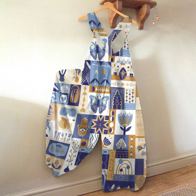 Vintage Totem Butterfly Print Jumpsuit - Blue - 5XL - image 1