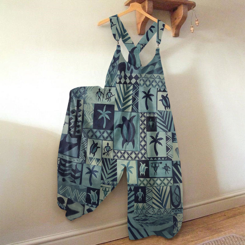 Vintage Totem Turtle Print Jumpsuit - Green - 5XL - image 1