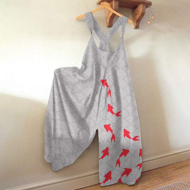 Japanese Koi Wave Print Jumpsuit - Red - 5XL - image 1