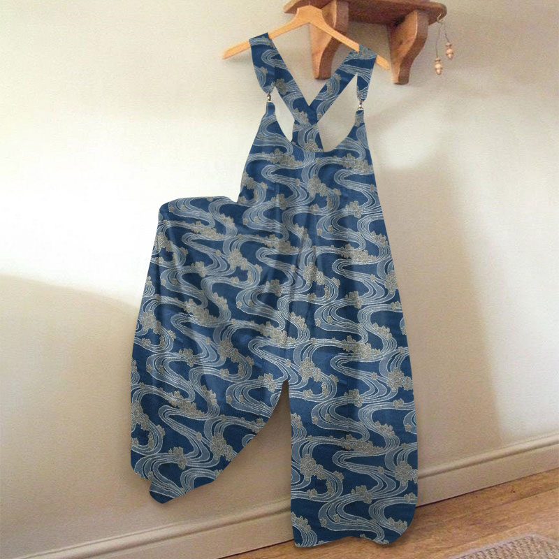Japanese Plum Blossom Wave Print Jumpsuit - Navy Blue - 5XL - image 1