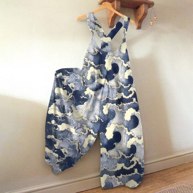 Japanese Wave Print Jumpsuit - Navy Blue - 5XL - image 1