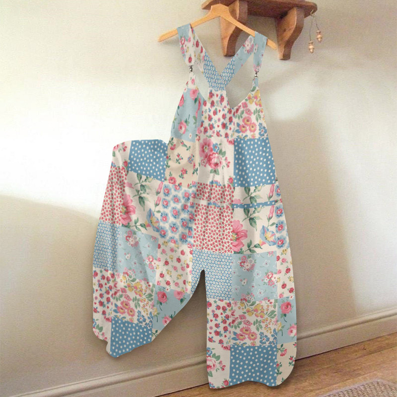 Retro Pastoral Style Literary Floral Splicing Print Jumpsuit - Blue - 5XL - image 1