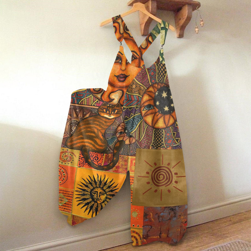 Retro Hippie Sun Cat Patchwork Print Jumpsuit