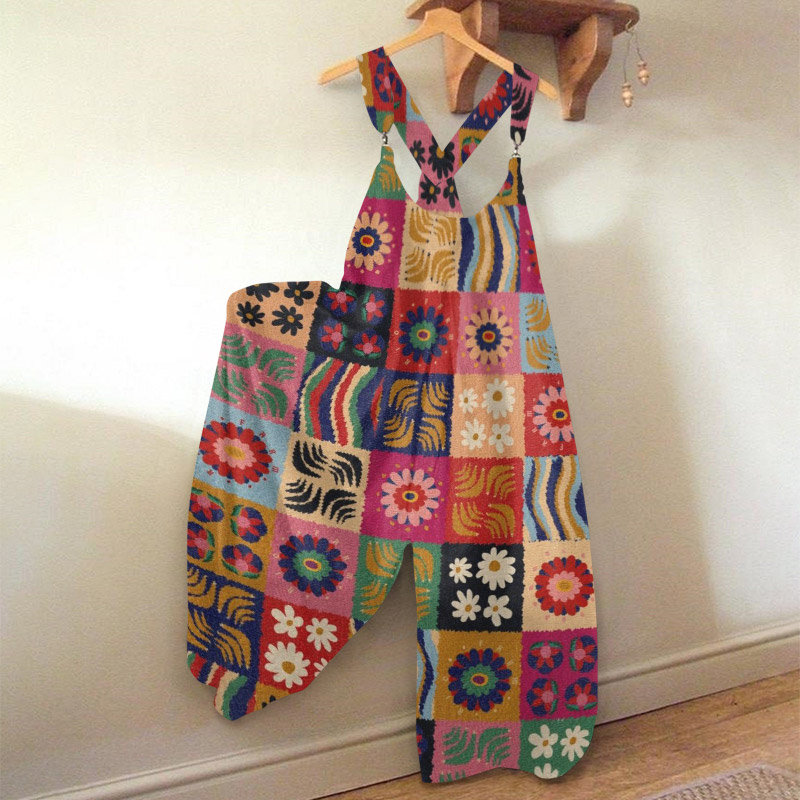 Summer Hippie Retro Bohemian Daisy Patchwork Print Jumpsuit - Multicolor - 5XL - image 1