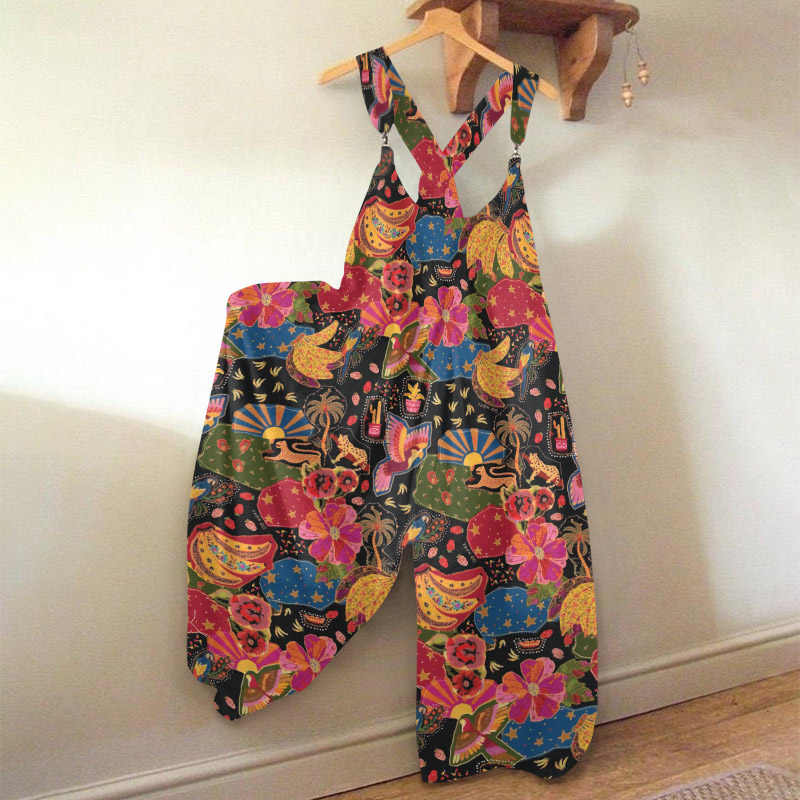 Summer Vacation Tropical Flowers Leopard Banana Patchwork Print Jumpsuit - Pink - 5XL - image 1