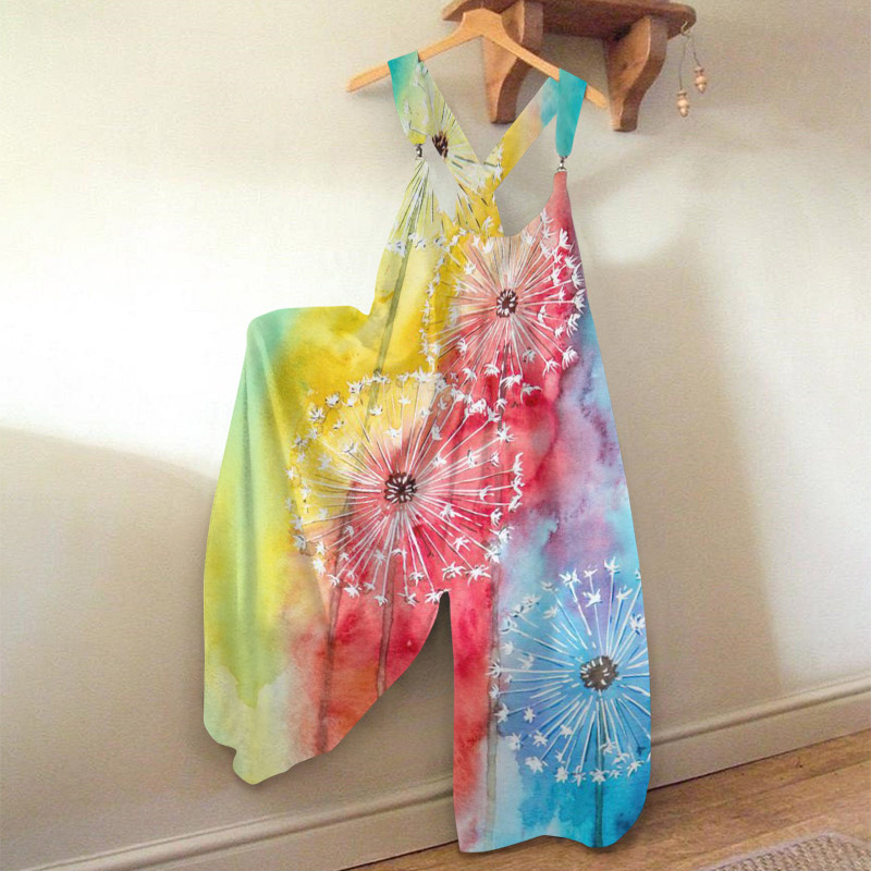 Vacation Casual Multicolor Dandelion Watercolor Art Print Loose Jumpsuit - Multicolor - 5XL - image 1