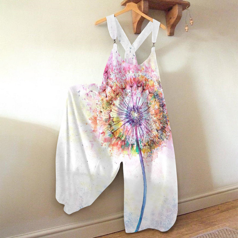Casual Abstract Dandelion Watercolor Art Print Loose Jumpsuit - White - 5XL - image 1