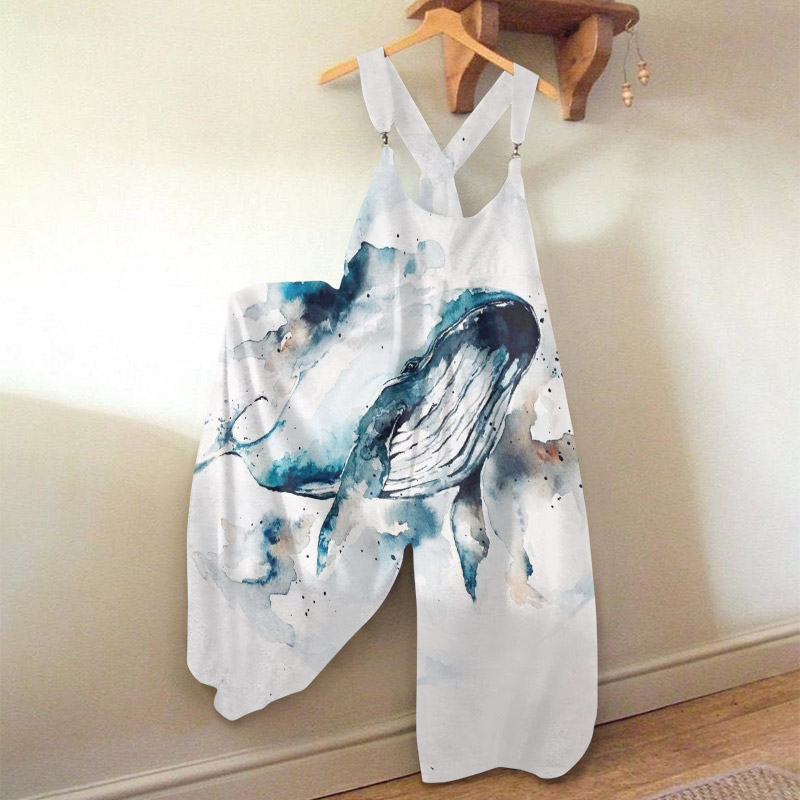 Vacation Casual Blue Whale Watercolor Art Print Loose Jumpsuit