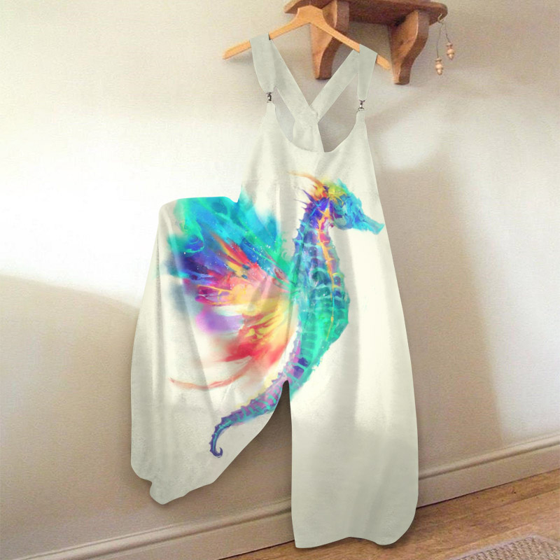 Vacation Casual Multi-color Seahorse Art Print Loose Jumpsuit