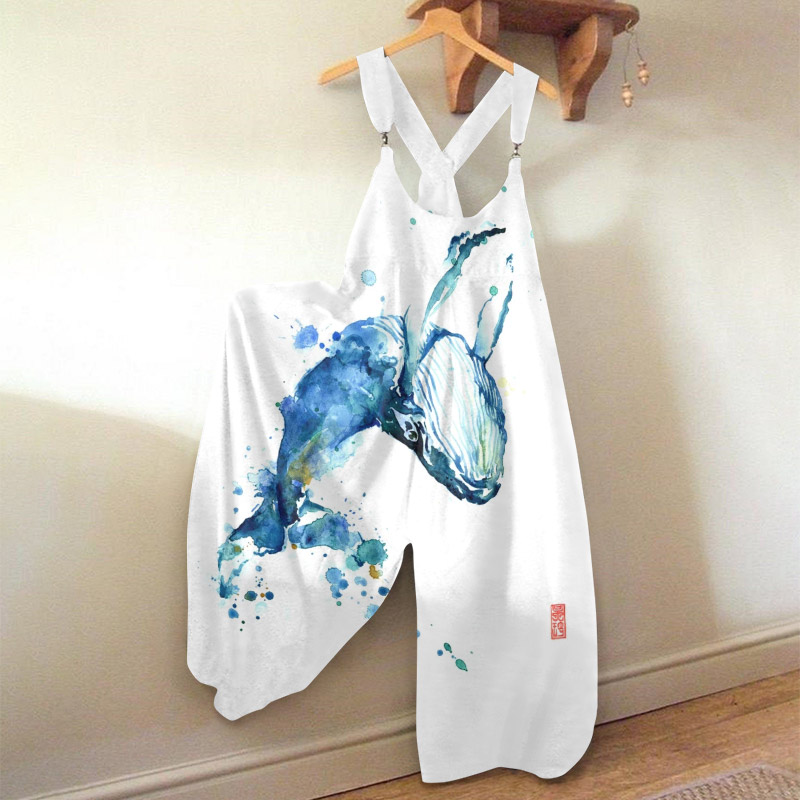 Vacation Casual Simple Jumping Whale Watercolor Art Print Loose Jumpsuit