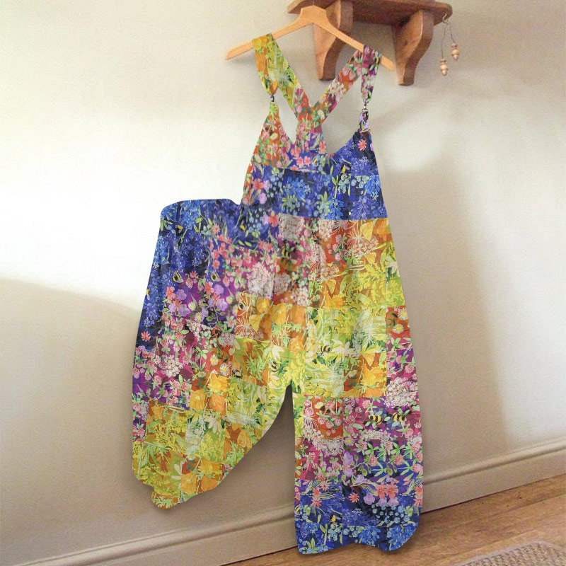 Vacation Casual Boho Ombre Floral Print Loose Jumpsuit