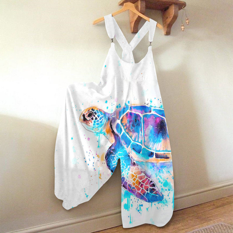 Casual Simple Blue Sea Turtle Watercolor Print Loose Jumpsuit