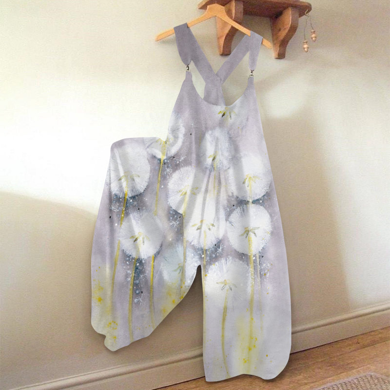 Casual Watercolor Dandelion Print Loose Jumpsuit
