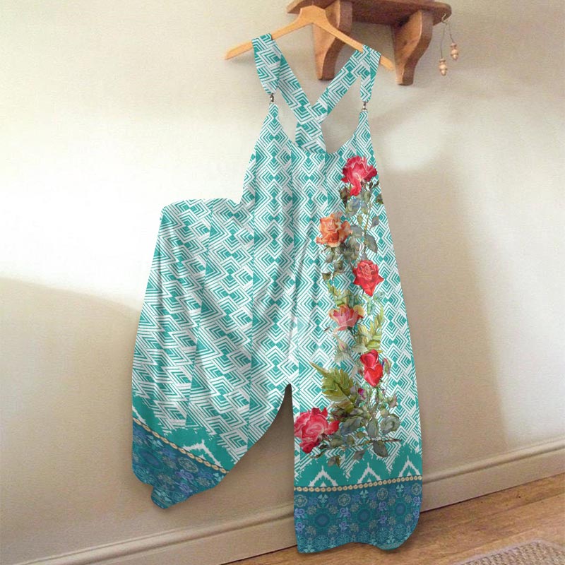 Vintage Geometric Patchwork Rose Print Jumpsuit
