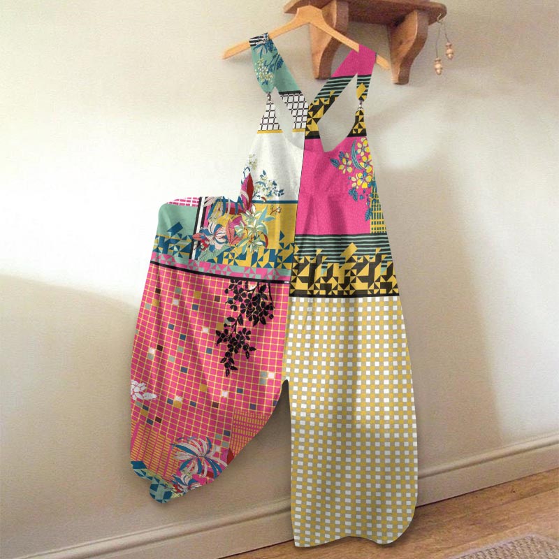 Vintage Floral Patchwork Plaid Print Jumpsuit