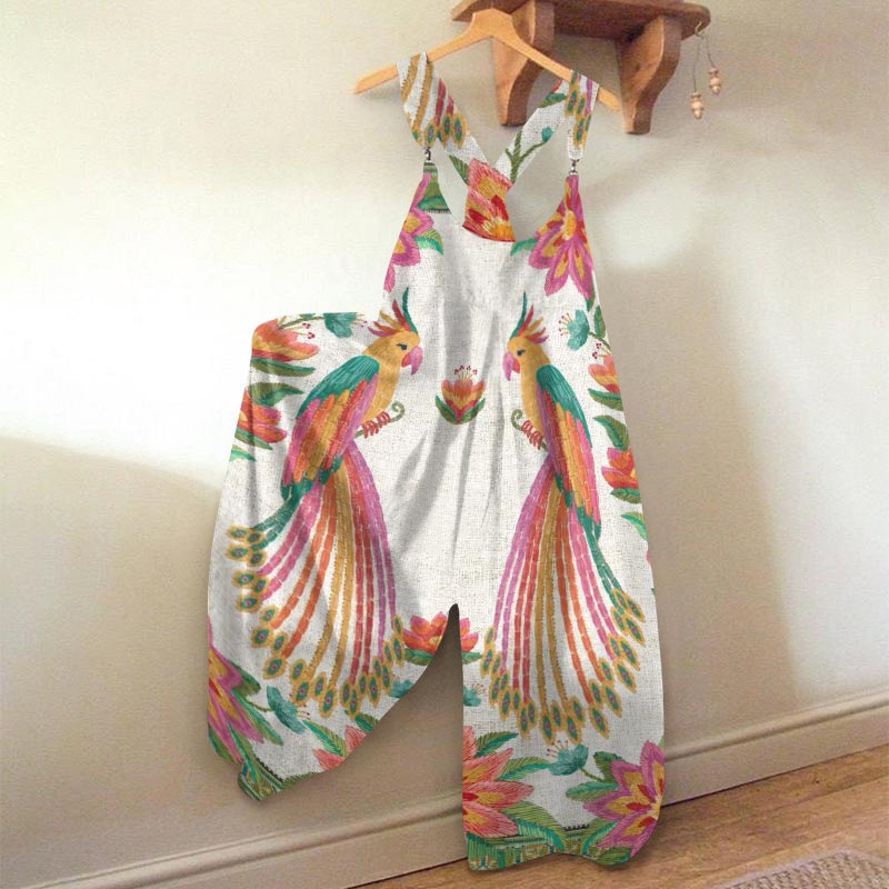Vacation Parrot Floral Print Jumpsuit
