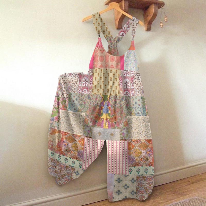 Vintage Casual Floral Patchwork Print Jumpsuit
