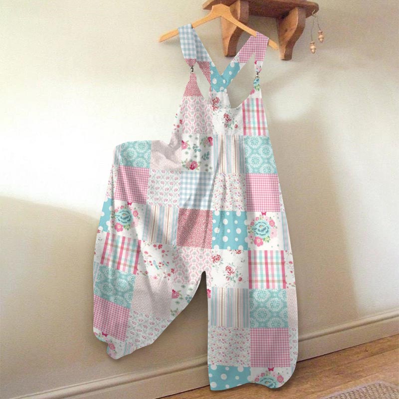 Casual Rose Patchwork Striped Print Jumpsuit