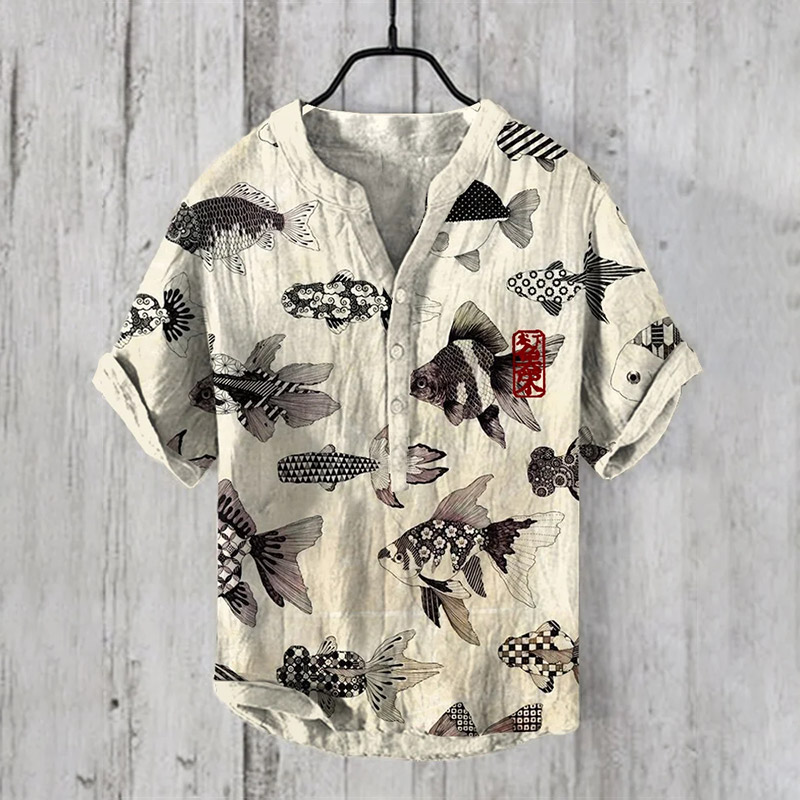 Vintage Floral Goldfish Japanese Art Print Causal Shirt