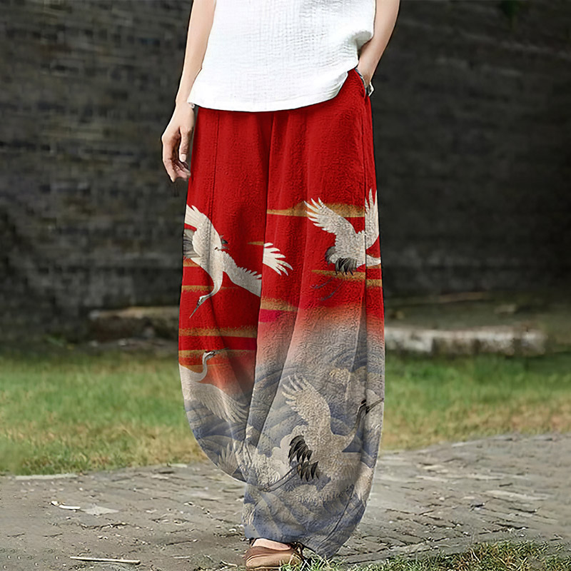 Japanese Crane Art Ink Painting Casual Pants - Red - 5XL - image 1