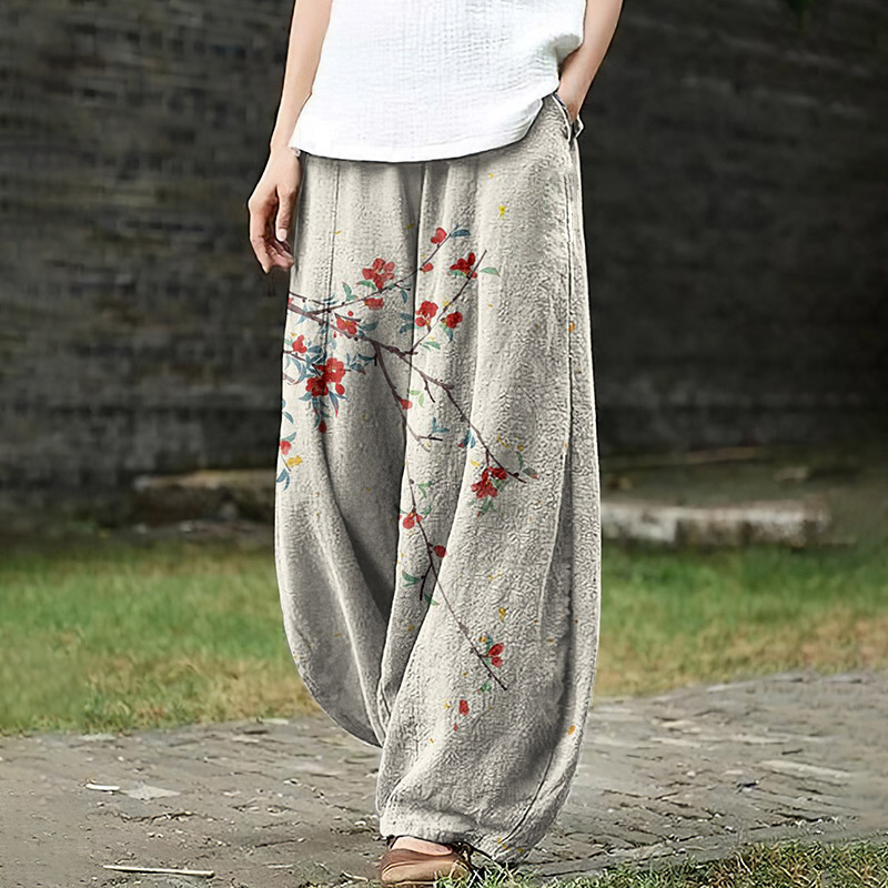 Women's Japanese Floral Art Pocket Casual Pants - Apricot - 5XL - image 1
